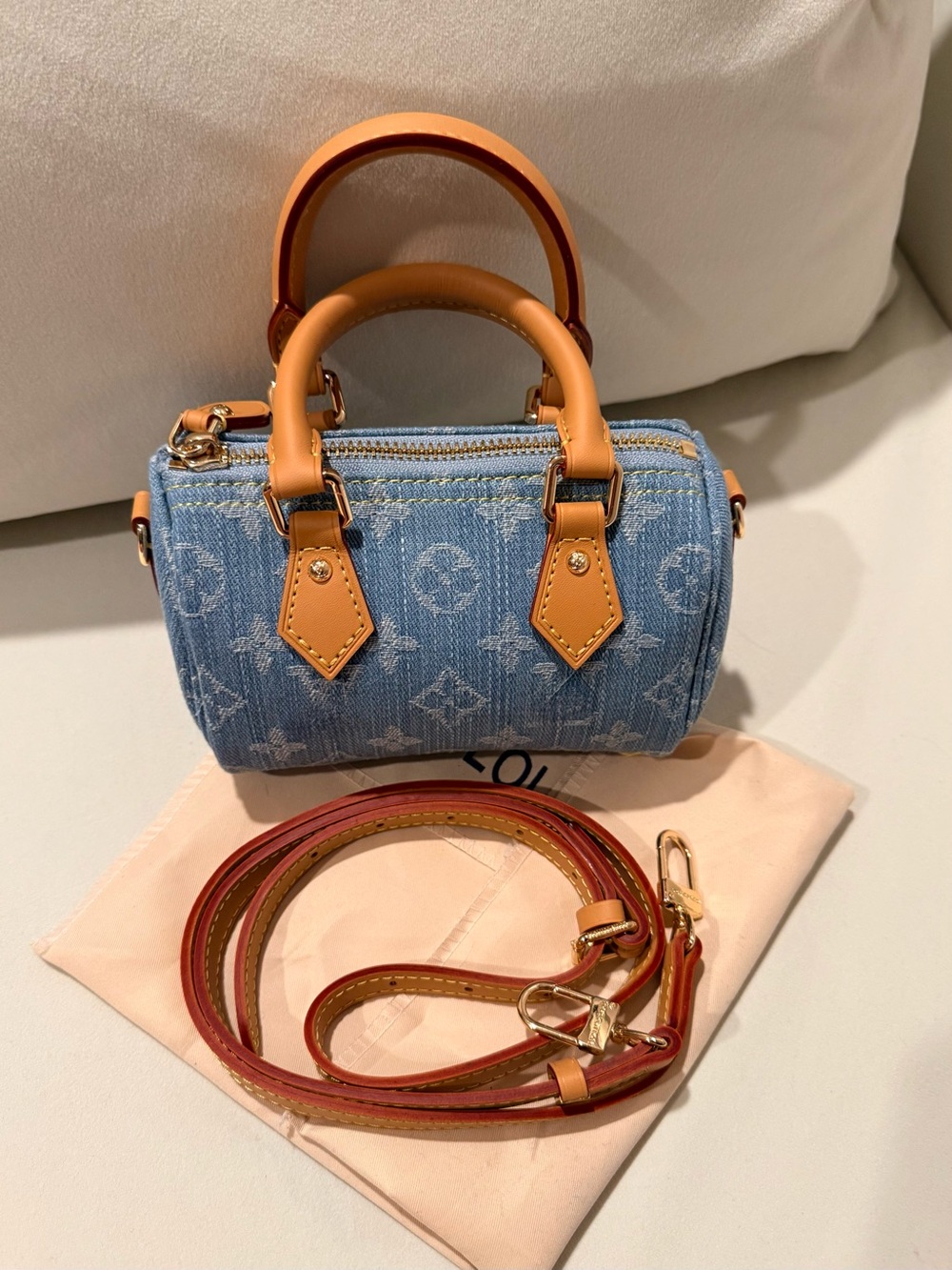 Blue Monogram Denim Mini Satchel Leather Trim Adjustable Crossbody Strap - Picture 2 of 6